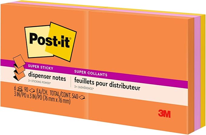 Post-it Super Sticky Dispenser Pop-up Notes, 6 Sticky Note Pads, 3 x 3 in., 2X The Sticking Power, New Year Organization or Second Semester School Supplies, Energy Boost Collection
