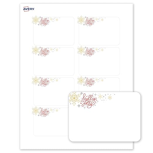 Avery Printable Christmas Adhesive Name Badges, Rectangle, 2-1/3" x 3-3/8", Pre-Printed Holly Jolly Metallic Sparkles Design, Matte White, Laser & Inkjet Compatible, 80 Total