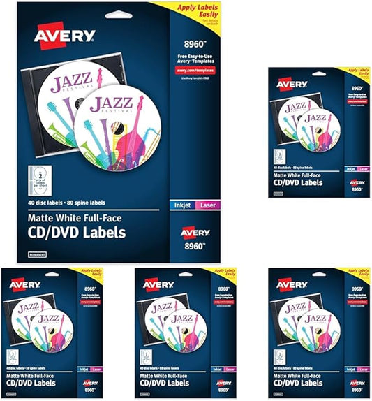 Avery Printable Full-Face CD Labels, Matte White, Permanent Adhesive, Laser/Inkjet Printable, 40 Disc & 80 Spine Labels, Ideal for CDs, DVDs, PC Discs, Media Projects & More (8960) (Pack of 5)