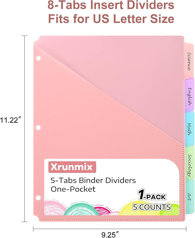 【5 Tabs Dividers with Pockets for 3 Ring Binder, 5 Count Binder Dividers for US Letter Size, Tabbed Dividers for School, Office, and Home Organization, 5 Pastel Colors (1)】