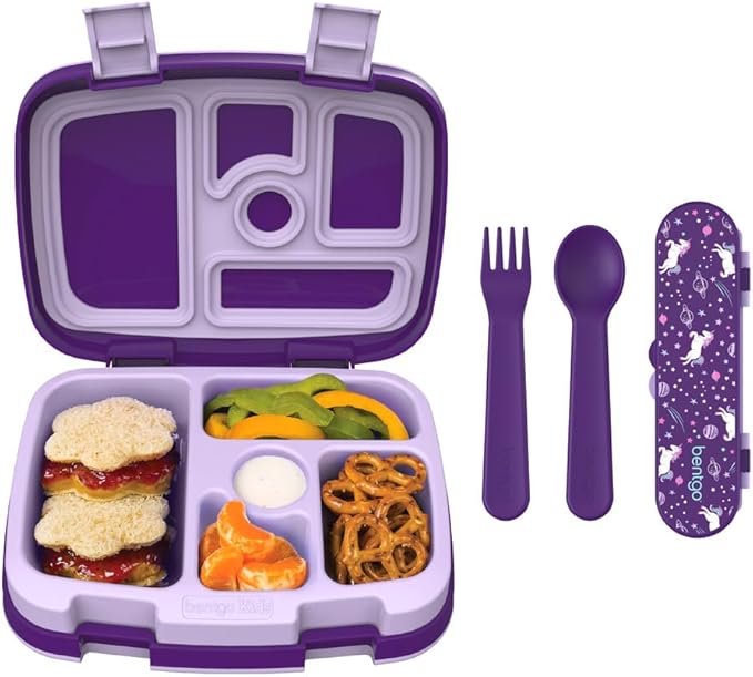 Bentgo® Kids Prints 5-Compartment Bento-Style Kids Lunch Box Set with Reusable Plastic Utensils (Unicorn)