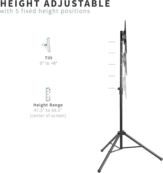 VIVO Tripod 32 to 55 inch LCD LED Flat Screen TV Display Floor Stand, Portable Height Adjustable Mount, Black, STAND-TV55T