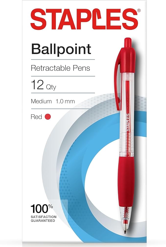 STAPLES Retractable Ballpoint Pens, Medium Point 1.0mm, Red Ink, 12 Pack – Smooth‑Writing Pens for Editing, Mark‑Up & Office Use