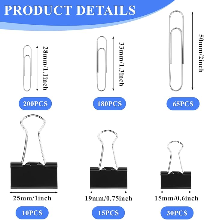 SANNIX 500Pcs Paper Clips and Binder Clips Assorted Sizes, Silver Paper Clips Black Binder Clips with Large Medium Small Size in Container for Office Home School Supplies Document Organizing