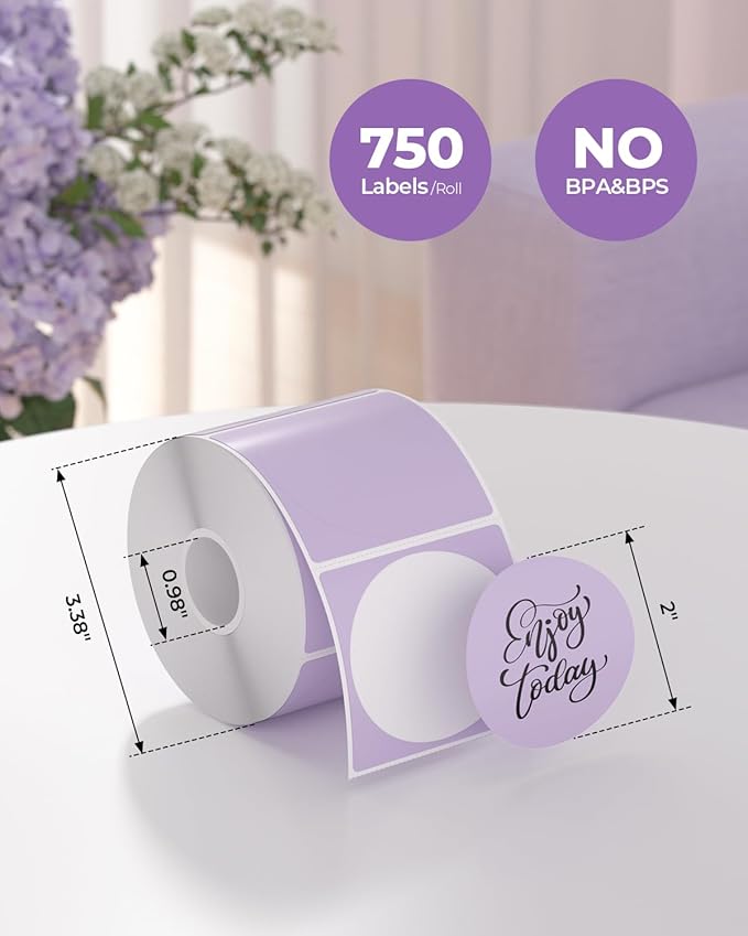 MUNBYN 130B Bluetooth Thermal Label Printer+2 Inch Lavender Purple Circle Thermal Sticker Labels+Purple Label Holder