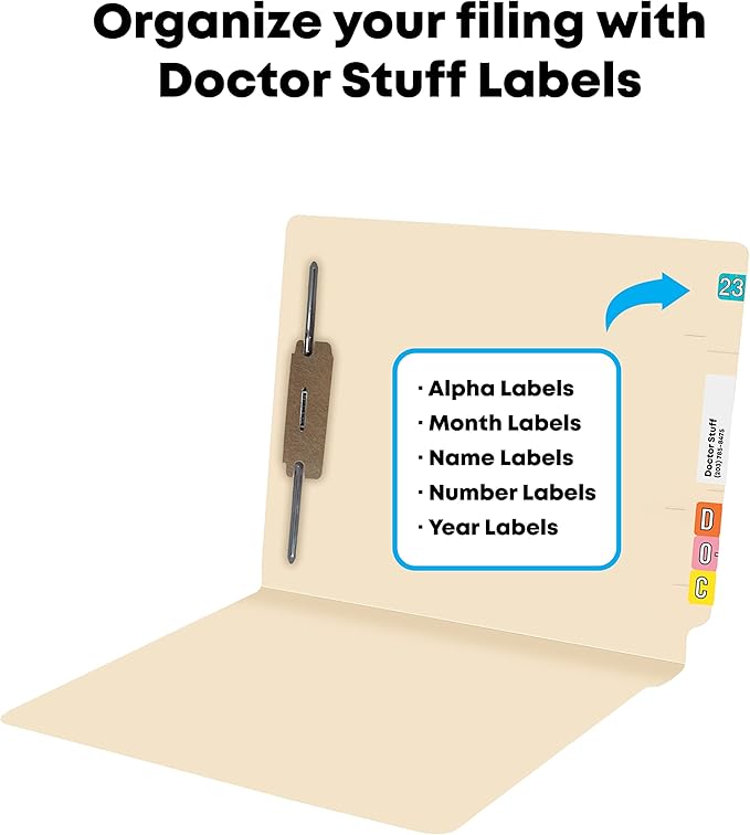 Medical File Folders with Fastener, Doctor Stuff, Letter Size, Reinforced End Tab Folders with 2” Bonded Fastener on Inside Back, 11 pt Manila Stock, Box of 50