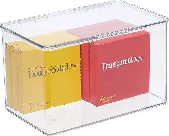 mDesign Small Plastic Home Office Storage Organizer Box Containers with Hinged Lid for Desktops - Holds Pens, Pencils, Sticky Notes, Highlighters, Staples, and Supplies - Lumiere Collection - Clear