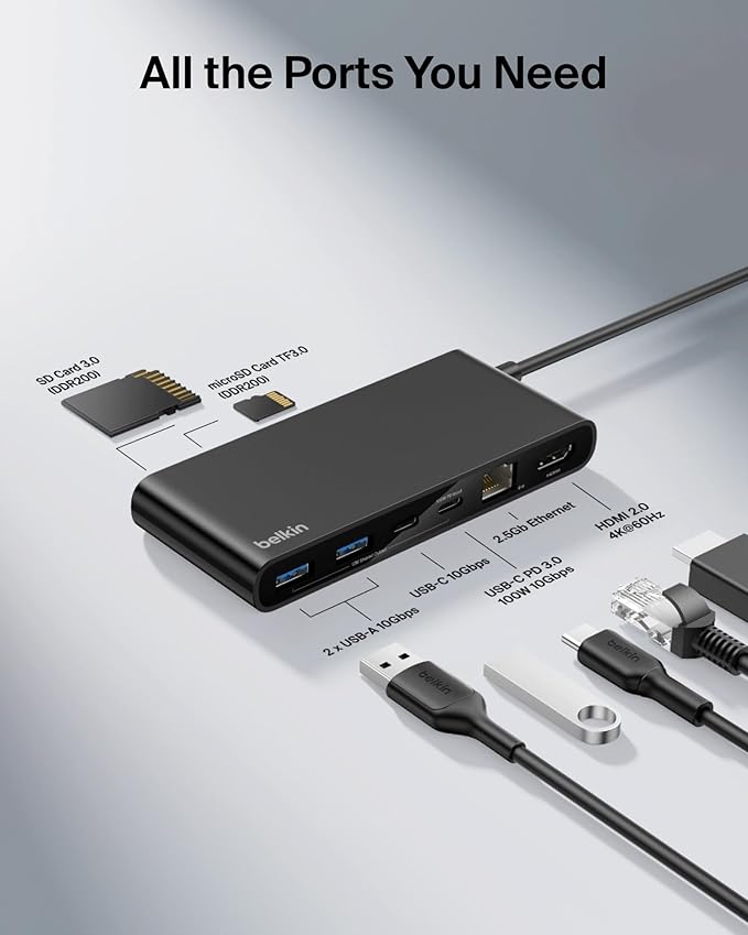 Belkin Connect 8-Port USB C Hub, Supports Display w/Resolutions up to 4K@60Hz - Works with Mac, Windows, and Chromebook - 100W PD w/ 10Gbps Data Transfer Speeds & 2.5Gbps Ethernet - Black