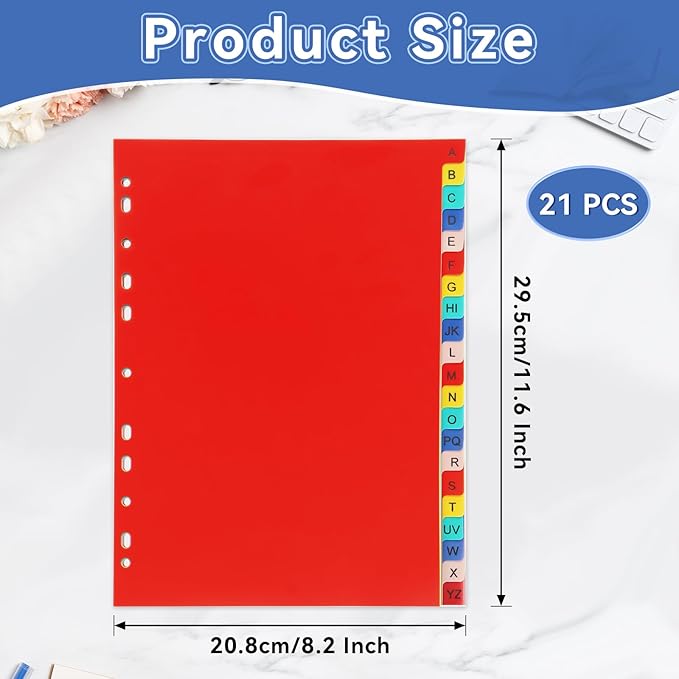 A-Z Plastic Binder Dividers 21 Tab, Alphabet Dividers with Tabs for 3 Ring, Multicolor Alphabetical Divider for 2/3/4/11 Ring Binders, Letter Size 8.2×11.6 Inch