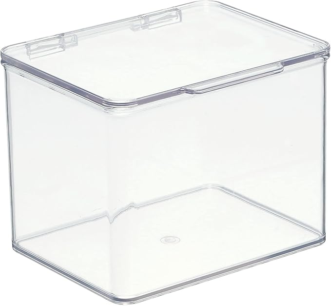 mDesign Small Plastic Home Office Storage Organizer Box Containers with Hinged Lid for Desktops - Holds Pens, Pencils, Sticky Notes, Highlighters, Staples, and Supplies - Clear