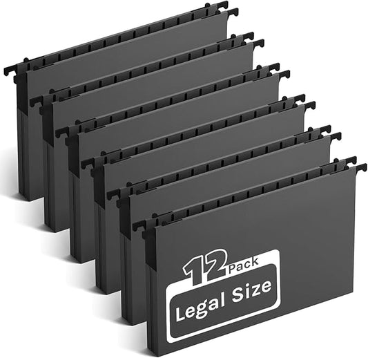 Ansook Plastic Legal Size Hanging File Folders,Reinforced 1" Expansion File Folder,12 Pack Accordion Folders,Heavy Duty File Cabinet Folder with 1/5 Insertable Tabs,Black Hanging Folders for Office