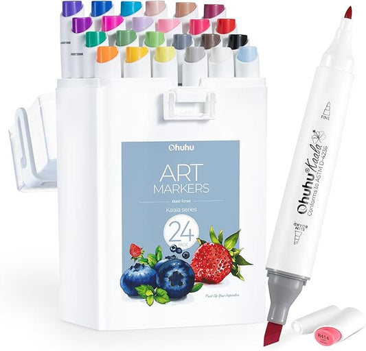 Ohuhu Alcohol Markers - Double Tipped Art Marker Set for Artists Adult Coloring - Alcohol-based Refillable Ink - 24 Basic Colors - Slim Broad & Fine Dual Tips - Kaala Markers Pen Gift