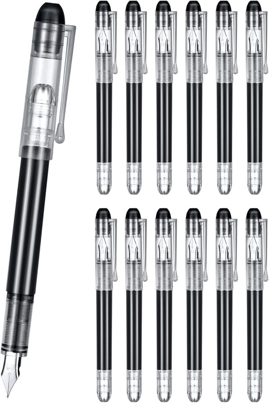 EEOYU 12 Pieces Black Disposable Fountain Pens, Smooth-Writing Office Supplies for Sketching, Journaling, Calligraphy, Doodling and Gifts (Black)