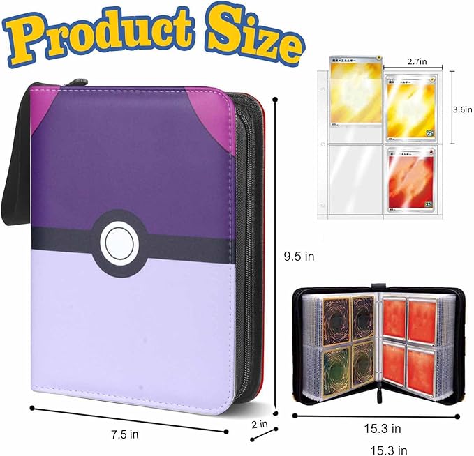 4 Pocket Collection Trading Cards Binder, Card Album Storage and Organizer 3 Ring Zipper, Card collectible for Sport, Baseball, MTG, YuGiOh, TCG - 50 Pages Holds 400 Cards (Master)