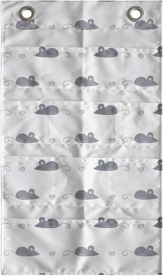 Ambesonne Mouse Hanging Pocket Organizer, Layout of Repetitive Rodents and Mini Hearts in a Hand Drawn Doodle Like Style, Printed Polyester Storage Bag with Pockets, 21" x 31", Dimgray and White