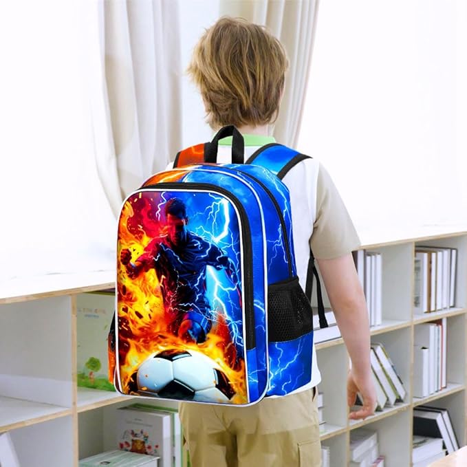 gxtvo 3PCS Soccer Backpack for Kids, 17" Boys School Bookbag with Lunch Box, Water Resistant Lightning Bag Middle Elementary - Fire & Lightning Soccer Player