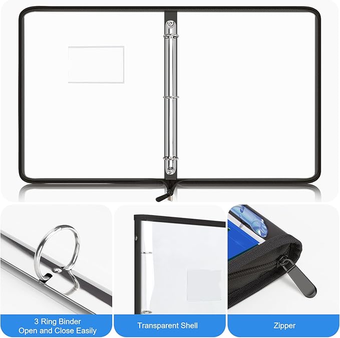 Uquelic Document Organizer, Soft PVC Binder with 12 Colorful Pockets - Zipper Binder 3 Ring with Dividers Letter Size (11'' x 8.5'')-Large Capacity Cute Folder for School, Office & Home Use (Black)