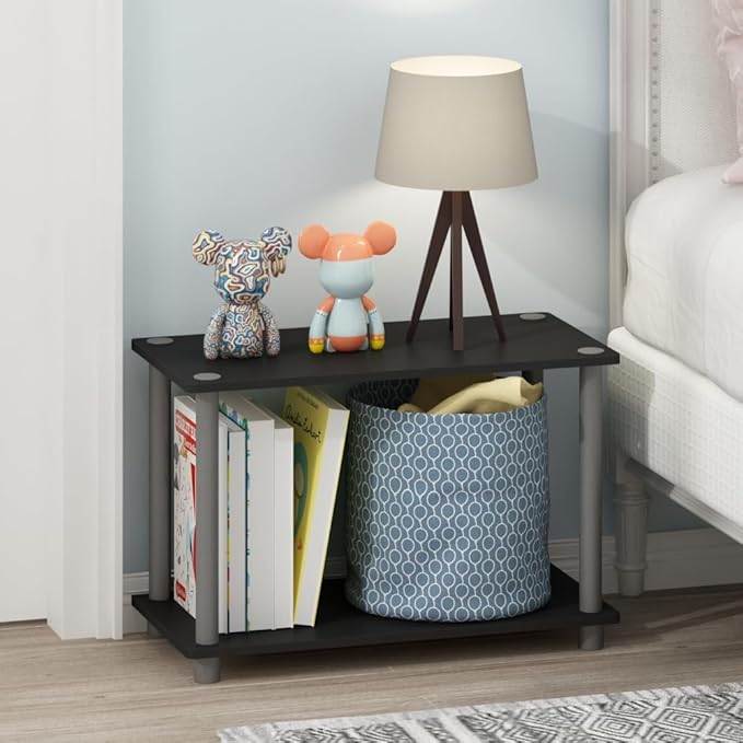 Furinno TURN-N-TUBE Side Table Set of 2, 2-Tier Modern Rectangle End Table with Open Shelf, Night Stand, Bedside Table, Toolless Assembly, for Living Room, Bedroom, Black