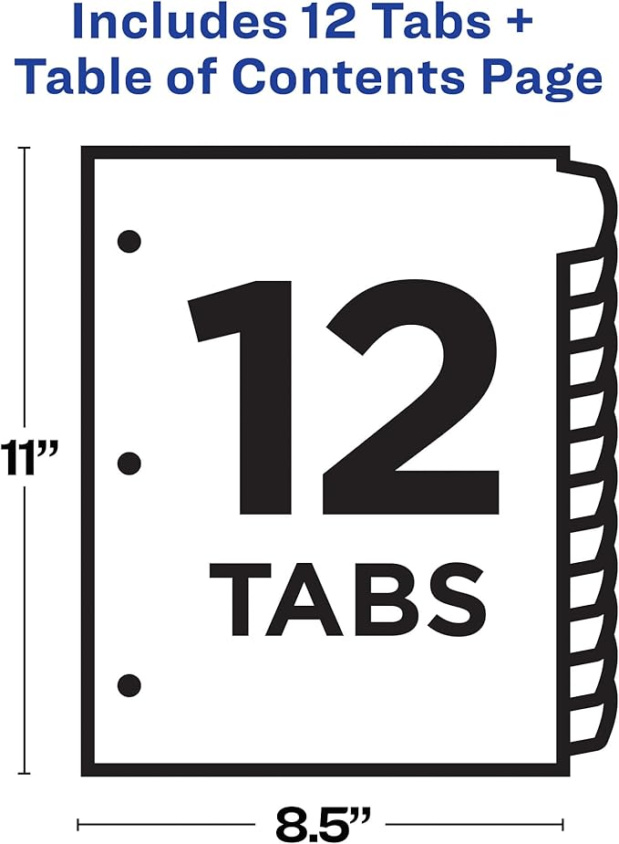 Avery Dividers for 3 Ring Binders, 12 Tabs per Set, Customizable Table of Contents, Multicolor Arched Tabs, Great for Organizing Reports, Projects, and More (11843)