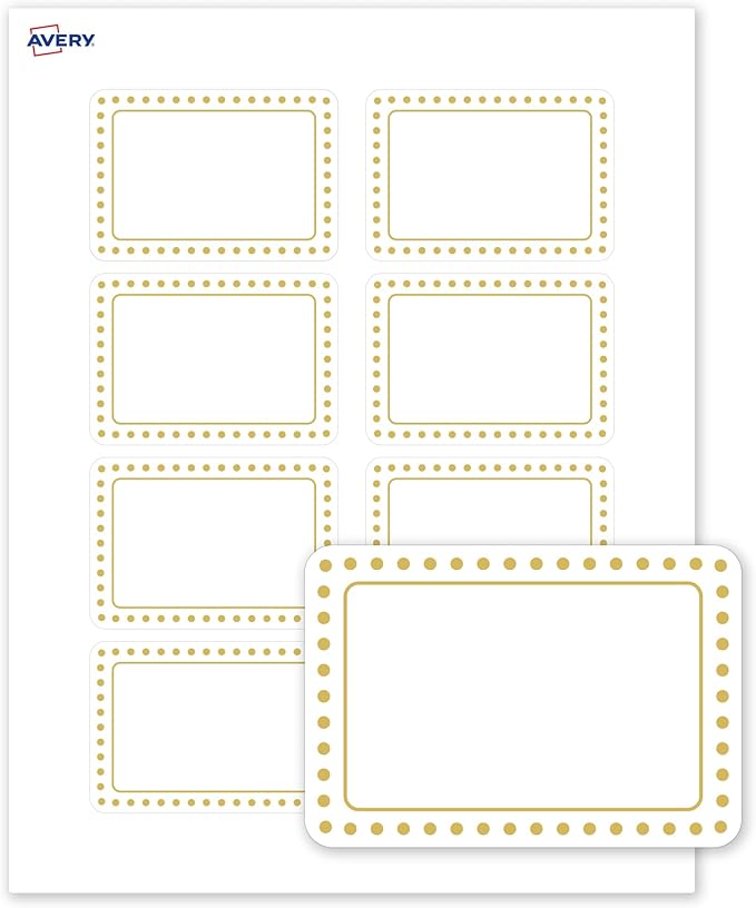 Avery Printable Rectangle Adhesive Name Tags, Gold Border Gold Dots Design, 2-1/3" x 3-3/8", Matte White Removable Name Tags, Laser/Inkjet, 80 Total, Great for Name Badges
