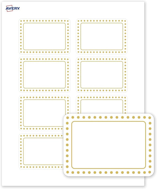 Avery Printable Rectangle Adhesive Name Tags, Gold Border Gold Dots Design, 2-1/3" x 3-3/8", Matte White Removable Name Tags, Laser/Inkjet, 80 Total, Great for Name Badges