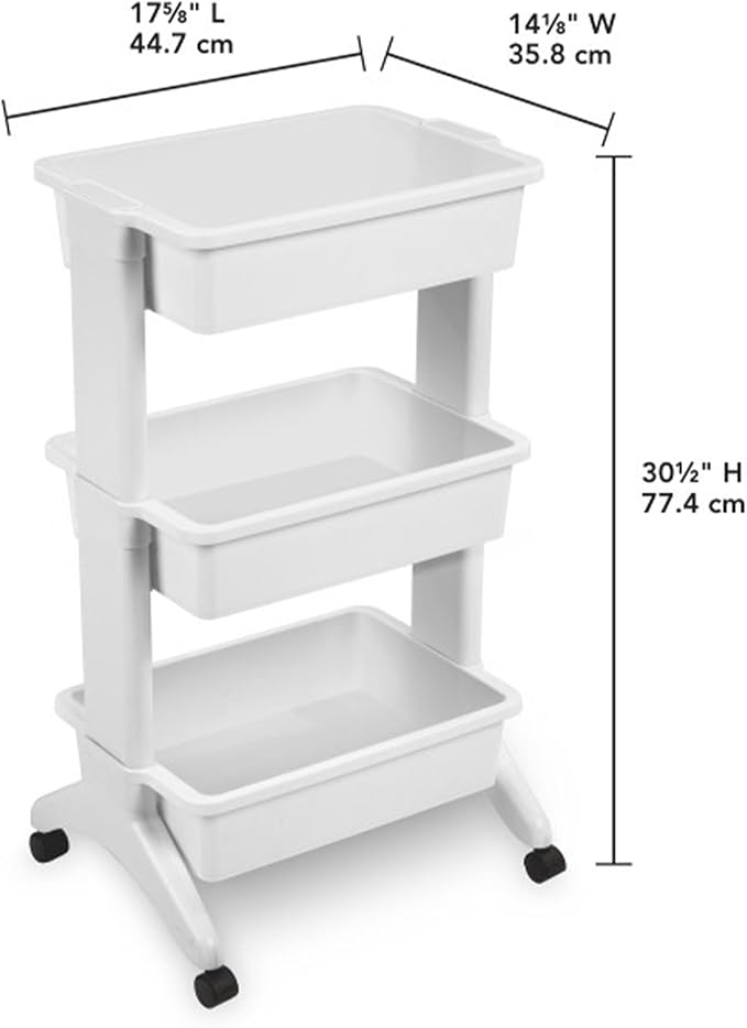 Sterilite 3 Tier Utility Cart Portable Storage Open Bin Organizer with 360 Degree Smooth Rolling Caster Wheels, Supports 10 lb Per Tier, White, 6-Pack