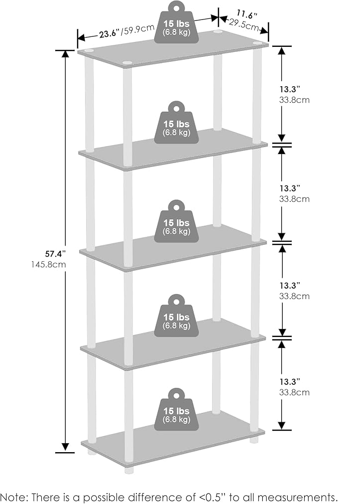 Furinno Turn-N-Tube Book Shelf, 5-Tier Bookshelf, Bookcase with Multipurpose Compact Display Rack, 11.6 x 23.6 x 57.4, for Living Room, Bedroom, Home Office, French Oak/Black