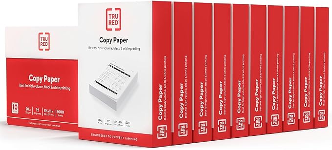 TRU RED Copy Paper 8.5x11 Inch, 20lb Weight, 92 Brightness, 5000 Sheets (10 Reams), Multipurpose White Printer Paper for Laser, Inkjet & Copier