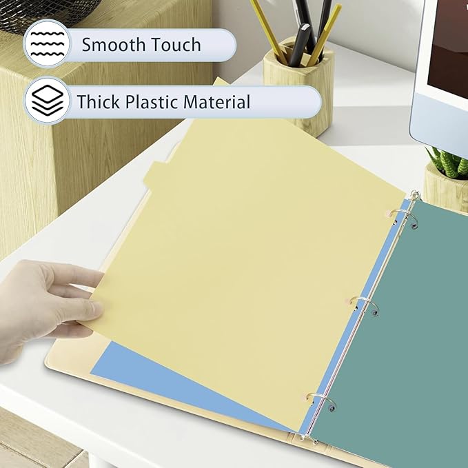 Binder Dividers with Tabs - 8 Index Tabs, Plastic 3 Hole Punch File Dividers for 3 Ring Binder, Letter Size, Durable File Organizer for School Office