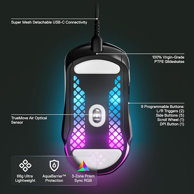 SteelSeries Aerox 5 - Holey RGB Gaming Mouse - Ultra-lightweight Water Resistant Design - 18K DPI TrueMove Air Optical Sensor
