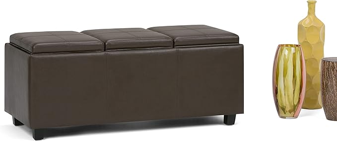 SIMPLIHOME Avalon Storage Ottoman - 42 inch Wide Upholstered Vegan Leather Rectangular Flip-Top Ottoman in Chocolate Brown, Contemporary Coffee Table Ottoman for Living Room with Hidden Storage