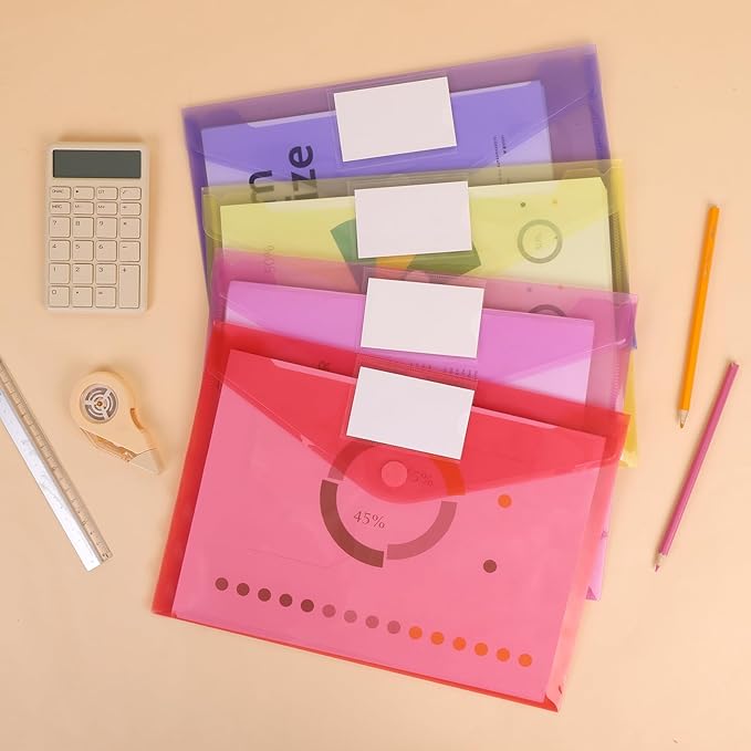 EOOUT 12pcs Plastic Envelopes Poly Envelopes, Hook & Loop Closure File Folders, A4 Size File Envelopes with Label Pocket for School and Office Supplies
