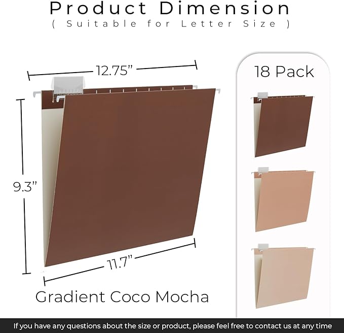 Y YOMA 18 Pack Gradient Hanging File Folders Letter Size Decorative Hanging Folder Pretty File Folder Organizer for Filing Cabinet Office Home with 1/5-Cut Adjustable Tabs, Coco Mocha