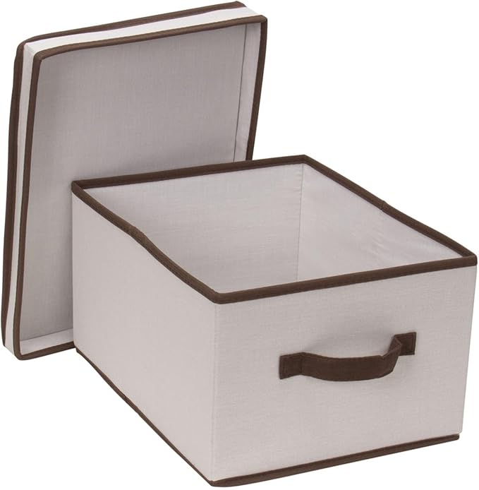 Household Essentials 513 Storage Box with Lid and Handle - Natural Beige Canvas with Brown Trim - Large
