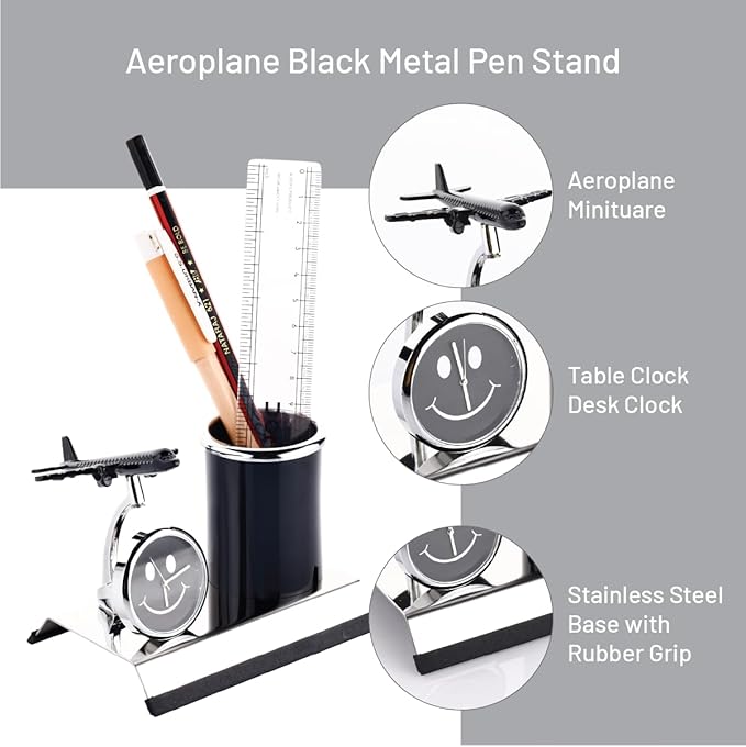 Aeroplane Miniature Metal Pen Stand With Clock, Stylish Stationary Desk Organizer, Pencil Holder, Elegant Corporate Gift Set, Durable Decorative Showpiece For Office