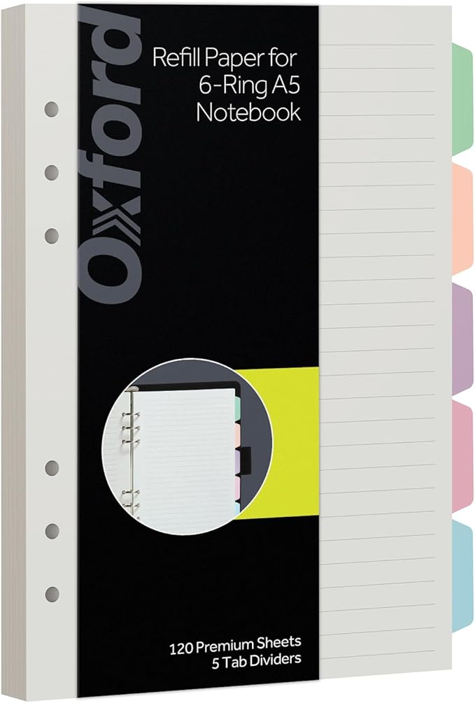 Oxford A5 Refill Paper, 6 Ring Lined Paper with Pastel Binder Dividers, 5 Tabs, 120 Sheets, 6 x 8.25 Inches, Notebook, Bullet Journal and Planner Inserts (1016731)