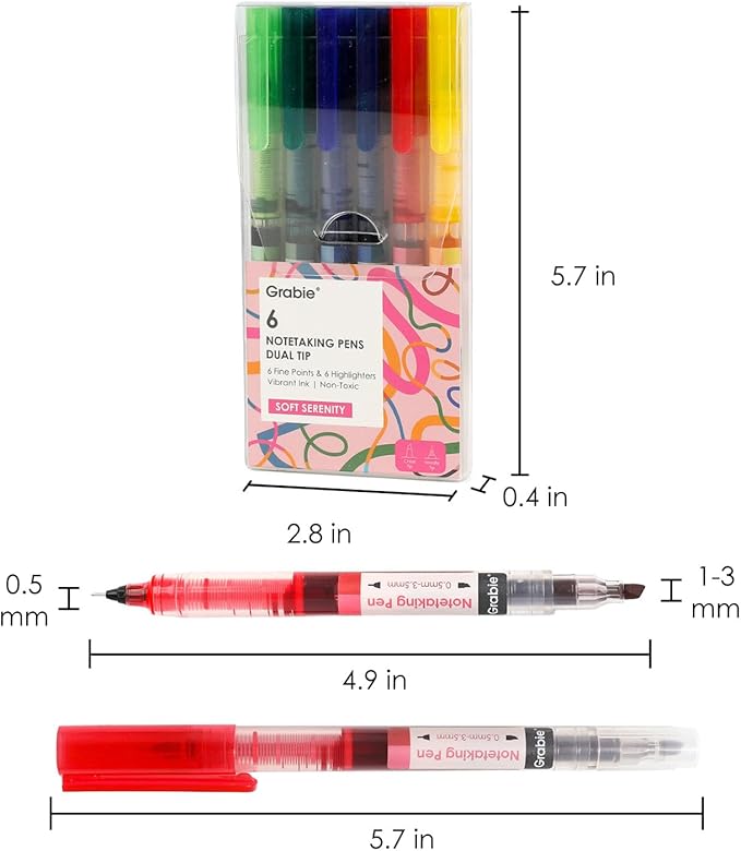 Grabie Dual Tip Notetaking Pens (3.5mm Chisel + 0.5mm Needle) Dual Tip Highlighter Markers for Journaling Colored Pens for Note Taking and Adult Coloring Books (Soft Serenity)