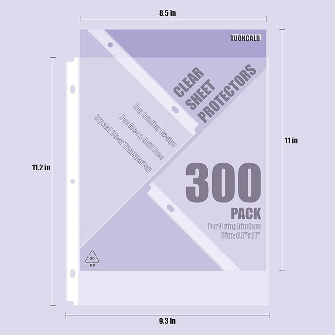 300 Pack Clear Sheet Protectors for 3 Ring Binder, Polypropylene Acid-Free Material, 8.5 x 11 Inch Letter Size, Protector of Your Documents