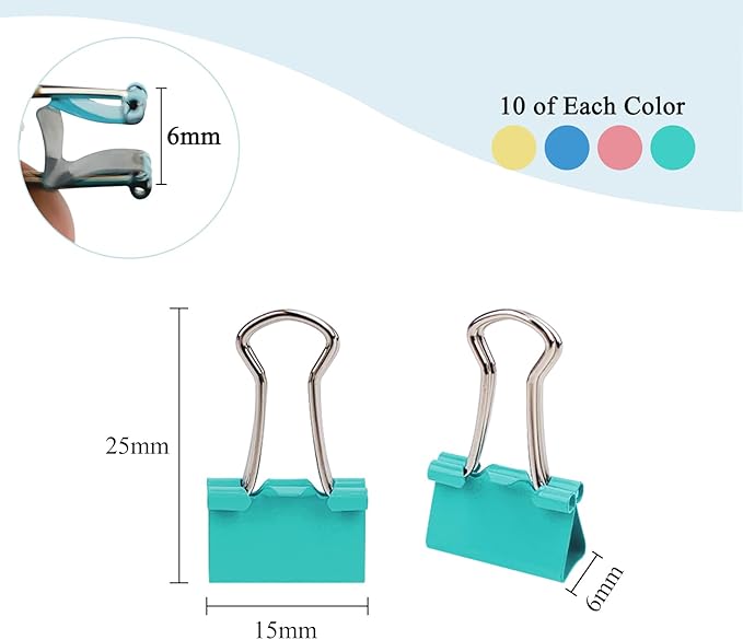 40-Pack Mini Binder Clips in 4 Colors (Blue, Yellow, Red, Green), 15mm/0.6-Inch Small Paper Clips for Home, School, Office and Business