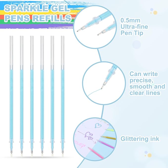 PATIKIL 0.5mm Gel Pens Refills, 24 Pack Glitter Gel Pens Sparkle Metallic Ink Fine Point Colored Refill Set for Adults Coloring Books Journaling Scrapbooking Art Drawing, Blue