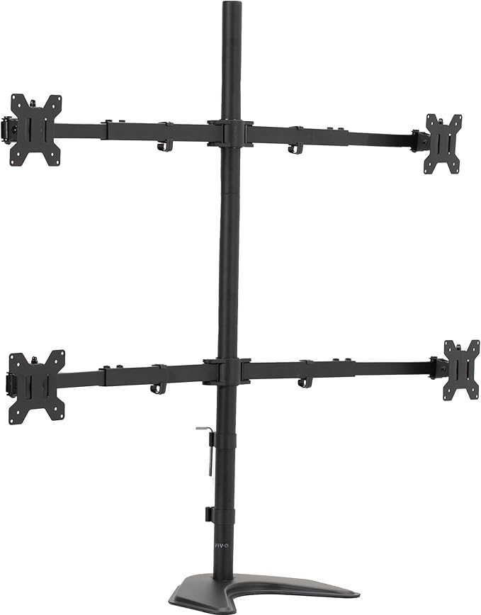 VIVO Premium Quad Ultra Wide LCD LED 27 to 38 inch Monitor Desk Stand, Free-Standing Base, Extra Tall Pole, Adjustable Telescoping Arms, Flush Wall Setup, Fits 4 Screens, Black, STAND-TS38B-4
