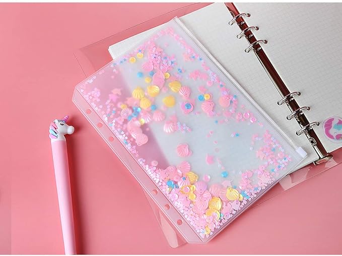 3 Pack A5 6 Holes Binder Pockets Plastic Binder Zipper Folders Waterproof 6 Holes Zipper Loose Leaf Bags Zip Lock Envelope for Documents Notebooks Cards (Sequins Decorate Zip Pocket, A5)