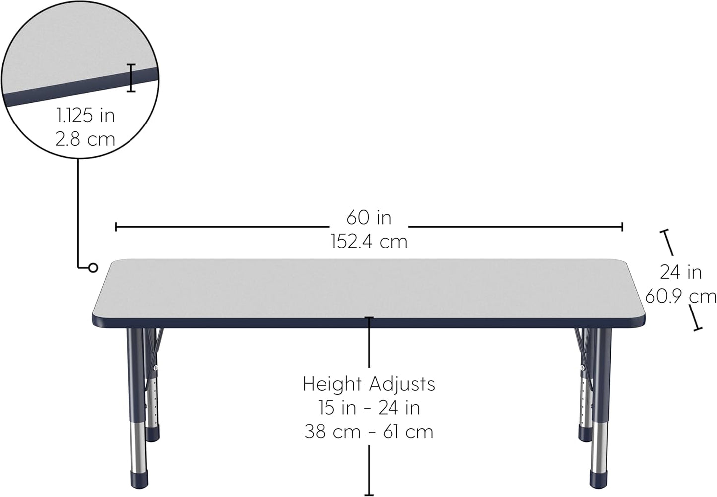 Factory Direct Partners FDP Rectangle Activity School and Classroom Kids Table (24 x 60 inch), Chunky Toddler Legs, Adjustable Height 15-24 inches - Gray Top and Navy Edge