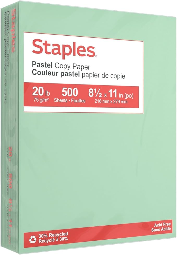 Staples 30% Recycled Color Copy Paper, 20 lbs., 8.5" x 11", Green, 500/Ream, For Office, School & Home
