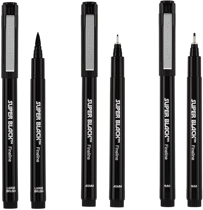 Creative Mark Calligraphy & Fineliner Pen Set of 3 Lettering & Calligraphy Drawing - Super Black, Permanent, Waterproof, & Acid-Free Chisel Nylon-Nibs Pens & Medium Brush Tip