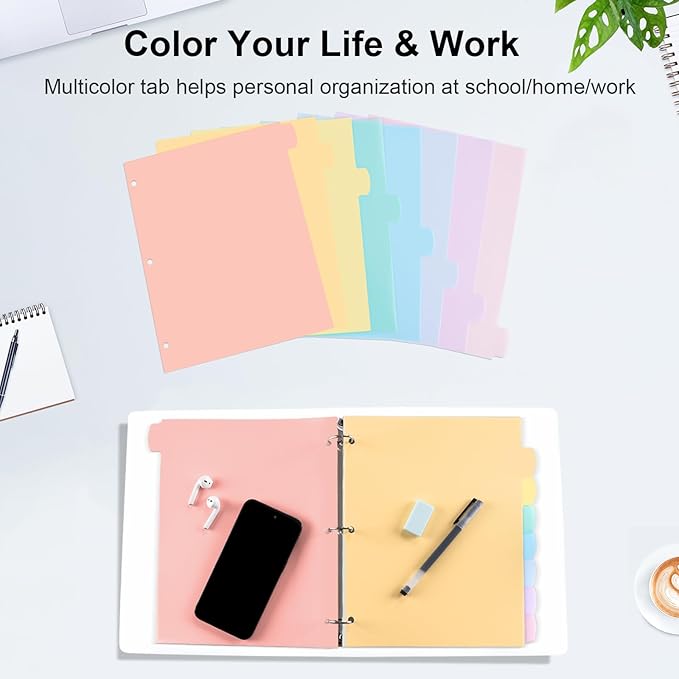 24 Count/3 Sets Write & Erase Binder Dividers with Tabs, Plastic 8 Tab Dividers for 3 Ring Binder Letter Size, Separators for Student School Home Office Document Organizer, Pastel