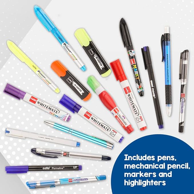 Cello Desk Station, Assorted office stationery items| Ball Pens, Marker, Highlighters |23 Stationery items & 1 pen stand| Ideal for office and home use, Multicolor | Best pen for Exam(Plastic)
