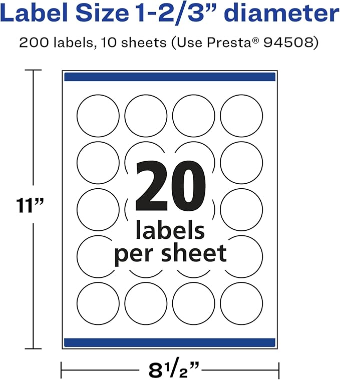Avery Glossy White Round Labels, Sure Feed Technology, 1-2/3" Diameter, 200 Glossy White Labels, Print-to-The-Edge, Permanent Adhesive, Laser/Inkjet Printable