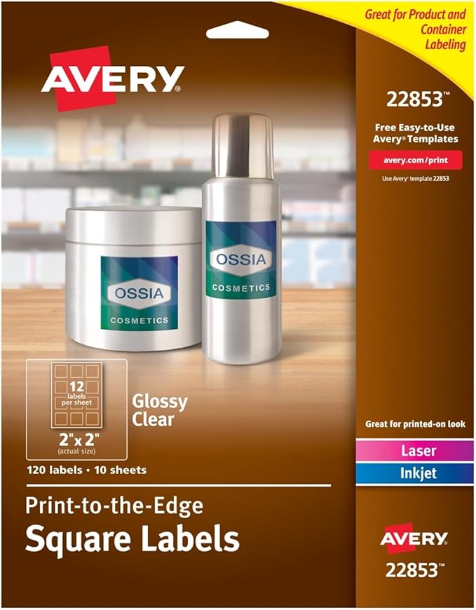 Avery Printable Blank Square Labels, 2" x 2", Glossy Crystal Clear, 120 Customizable Labels (22853)
