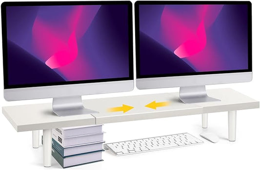 Dual-Monitor-Stand-Riser-For-Desk Adjustable Length 32-40 Inch，Large Desktop Computer Monitor Riser For 2 Screens，Desk Shelf Organizer Riser Stand For Computer/Laptop/PC/Printer/TV White